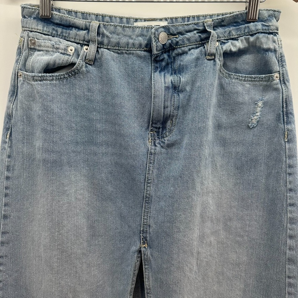 RSQ Midi Skirt Womens 29 Blue Denim Front Slit Stretch 5 Pockets Distressed
